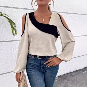 2/$40 Elegant Cutout Cold Shoulder V-Neck Blouse Black and Beige Long Sleeve Top